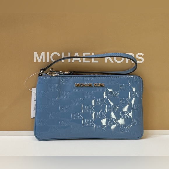 Michael Kors Jet Set Travel Large Wristlet MK Embossed Patent Frence Blue/Silver - Picture 1 of 12